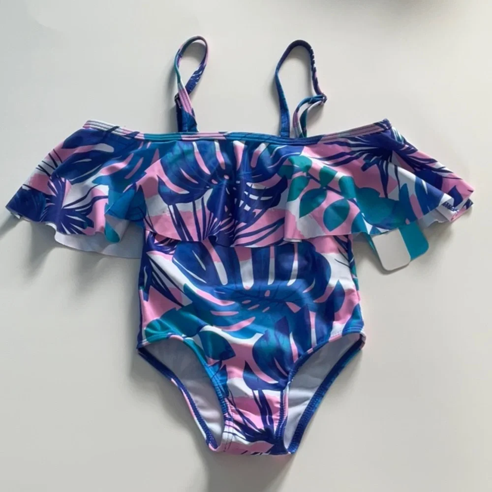 Bikini tropical print one piece toddler Girls blue pink size 2Y‎